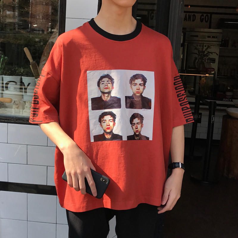 夏季男士短袖T恤圆领情侣衣服韩版帅气体恤夏装上衣帅气外套红色