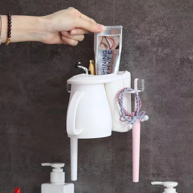 多规格牙刷架子洗漱套装带杯子壁挂式免打孔无痕粘贴挂钩漱口杯座 倒立吸磁牙刷架【白色】