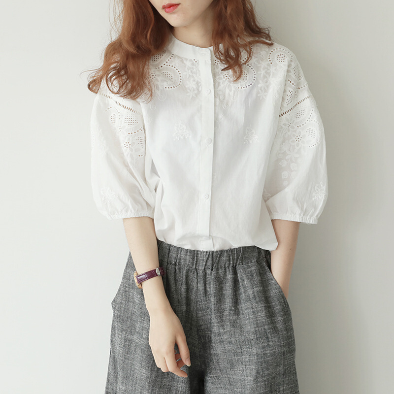 圆领刺绣短袖纯棉白衬衫女夏装新品宽松韩版小清新绣花开衫上衣白色