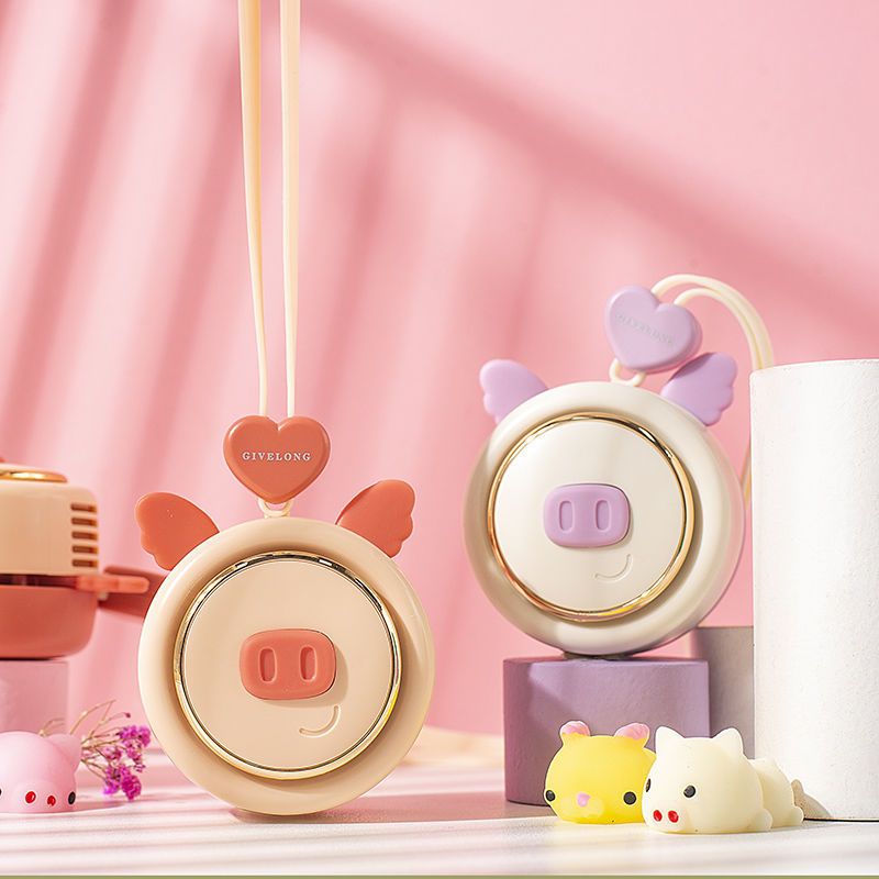 挂绳小猪风扇懒人挂脖子旅游迷你充电风扇无叶学生旅行风扇随身 随机