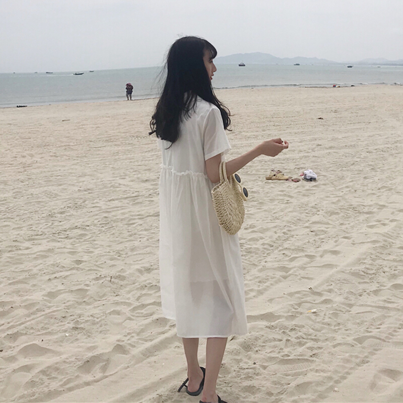 2018夏季仙女学院风复古中长款冷淡风学生女FB风长裙子连衣裙yy杏粉色均码
