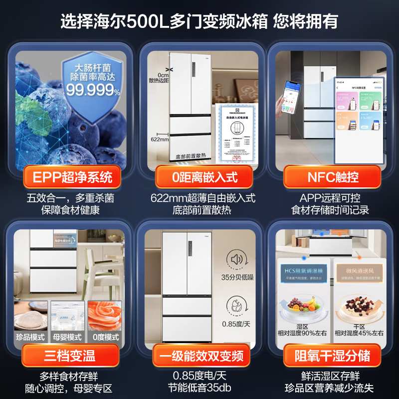 [零嵌旗舰]海尔500升法式零嵌入冰箱法式多门四门干湿分储EPP超净双变频一级能效风冷无霜 以旧换新