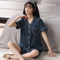 猫人女士纯棉翻领睡衣套装夏季短袖短裤开衫家居服薄款宽松可外穿家居服套装