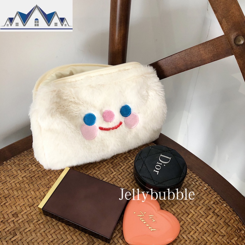 **韩国ins可爱少女韩国笑脸毛茸茸化妆包手拿包收纳包 三维工匠高清大图