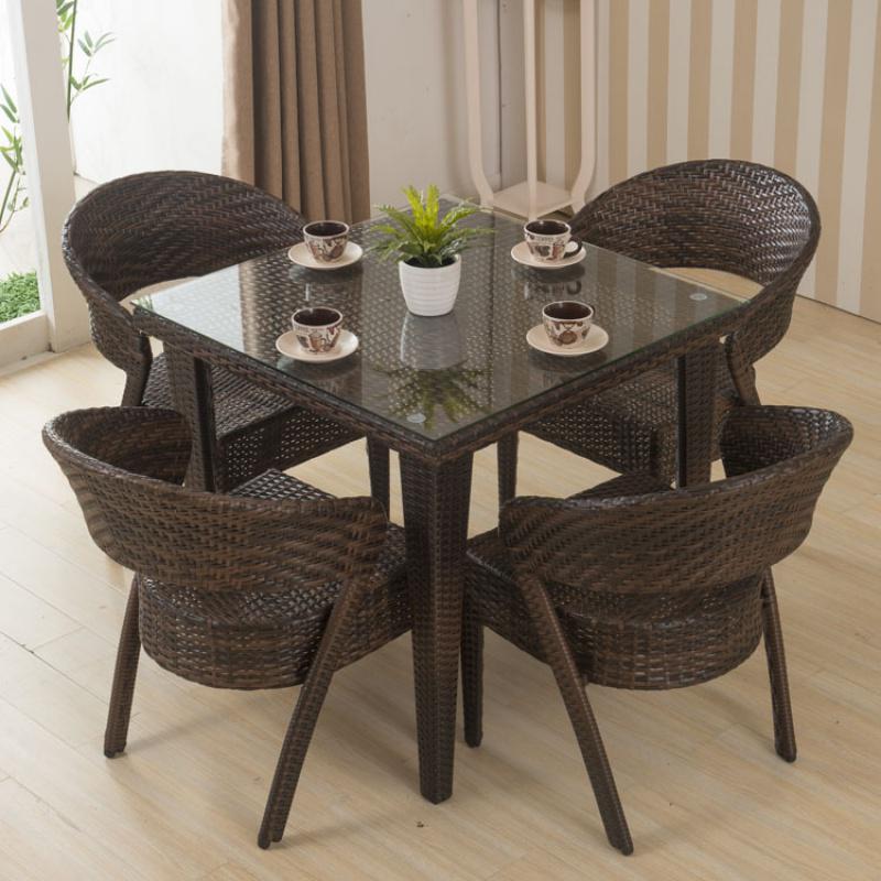 新款 阳台户外藤桌椅藤椅五件套 PE仿藤桌椅 餐桌藤编椅子茶几 4张椅子+1张台(不含坐垫)