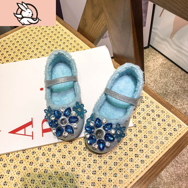 HUAYANGTU女童爱莎公主鞋软底2020年秋冬新款儿童加绒洋气水晶女孩单鞋皮鞋皮鞋童