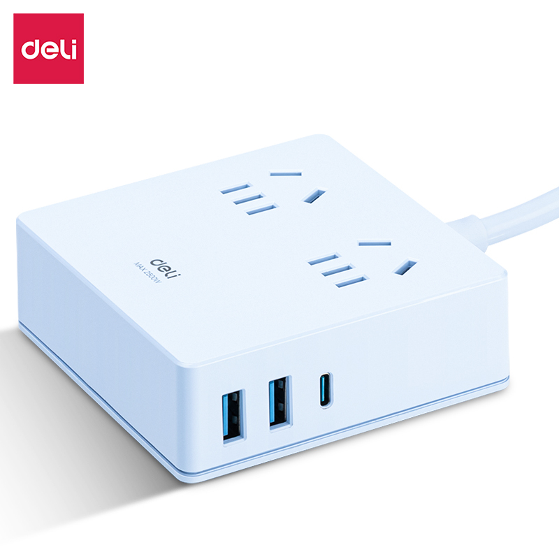 得力 33905 PD/QC快充插座(18W) 1米浅蓝 插线板/插排/接线板/排插 2USB+Type-C口