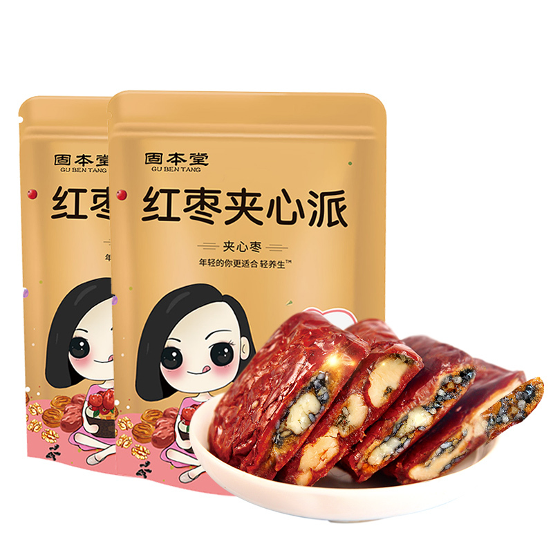 买一发二]固本堂红枣夹心派枣夹核桃仁新疆无核大枣加核桃年货零食共500g/