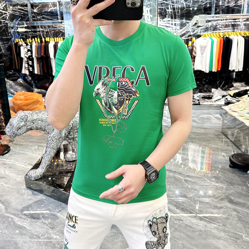 欧货2024夏季新款潮牌时尚流行印花修身短袖男圆领休闲丝光棉T恤