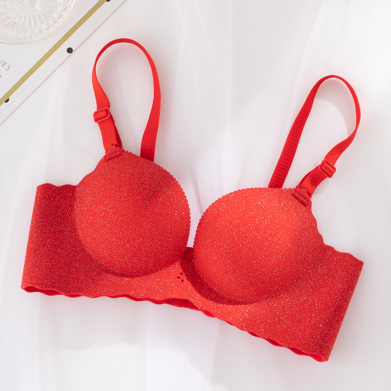 yunwuxin本命年红色文胸结婚内衣一片式无钢圈文胸聚拢性感调整型内衣