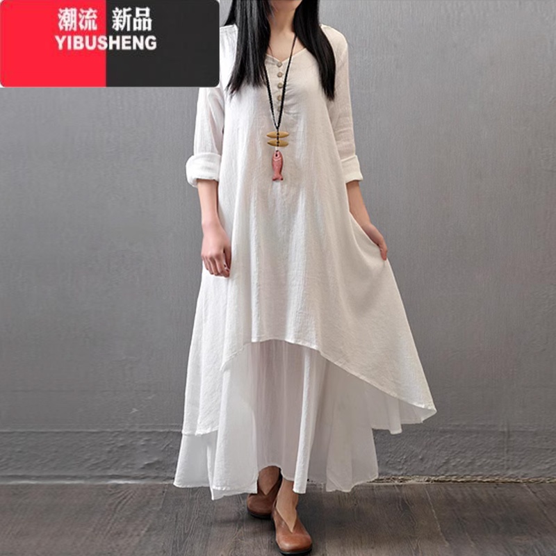 YIBUSHENG新款民族风优质假两件长裙春秋大摆亚麻连衣裙宽松长袖棉麻裙 白色 M建议85-95斤