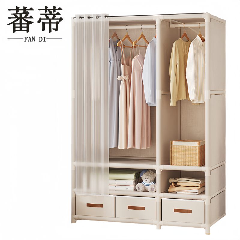 蕃蒂简易衣柜双排带抽屉个高清大图