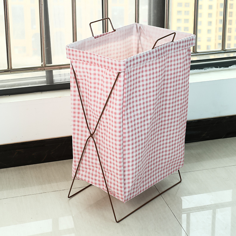 脏衣服收纳棉麻脏衣服收纳筐可折叠支架防水超大脏衣篮防水洗衣篮 玫红色带盖小粉格子铁架