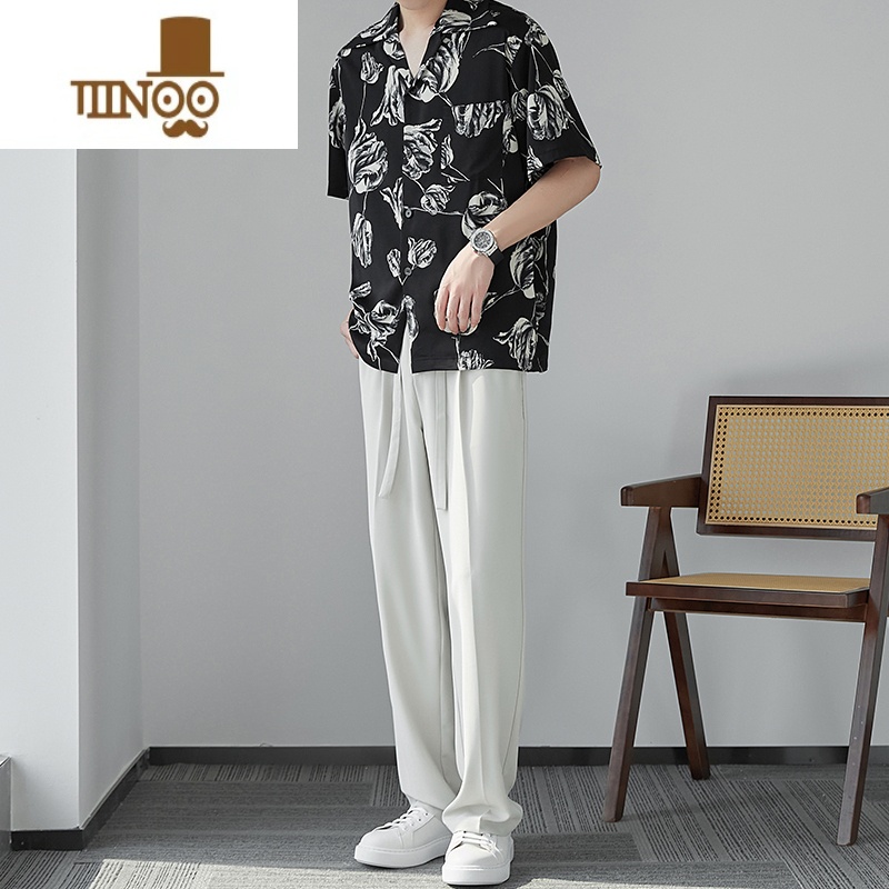 YANXU冰丝裤子男款夏天宽松垂感抽绳男裤薄款休闲裤男士轻熟风阔腿长裤高清大图