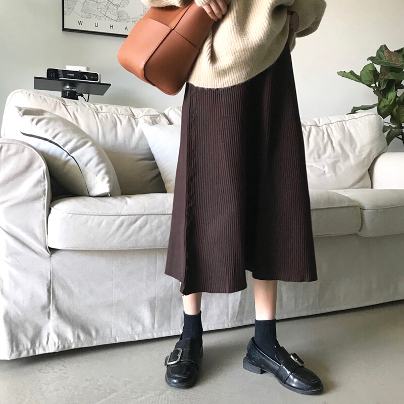 春季新款女装韩版港味复古百搭显瘦高腰半身裙中长款针织裙黑色均码
