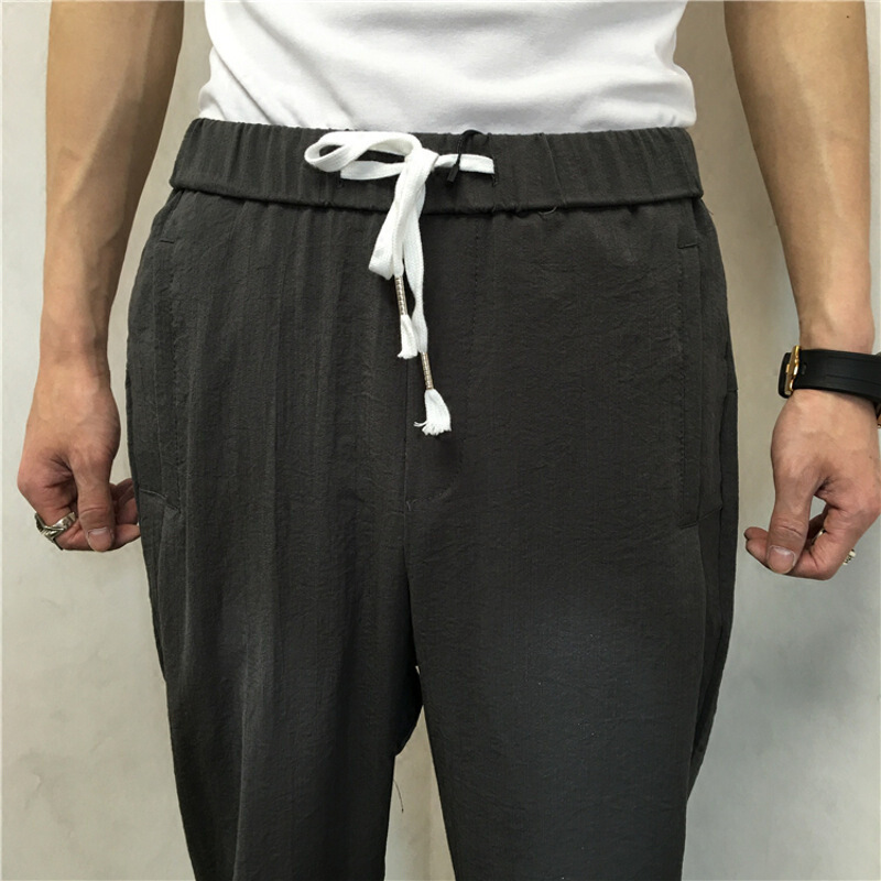 18男七分裤夏季韩版修身棉麻休闲裤薄款小脚潮流精神社会小伙7分