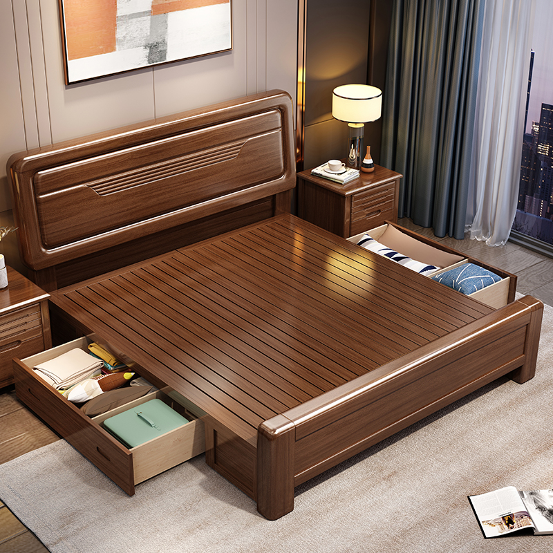欧梵森 中式床实木床双人床1.8米床1.5m床现代简约卧室主卧大床轻奢气压储物高箱现代婚床胡桃木床实木家具床 胡桃木单床+床头柜*2 1.8米*2米箱框结构