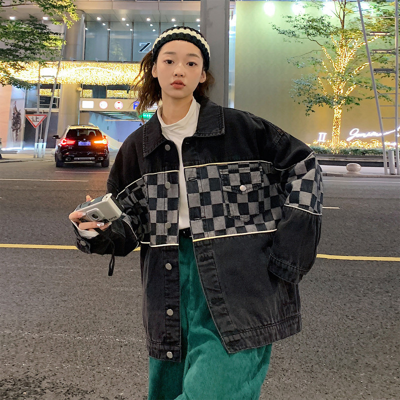 秋季外套女韩版宽松显瘦翻领牛仔上衣拼接棋盘格时尚_85 S 黑色