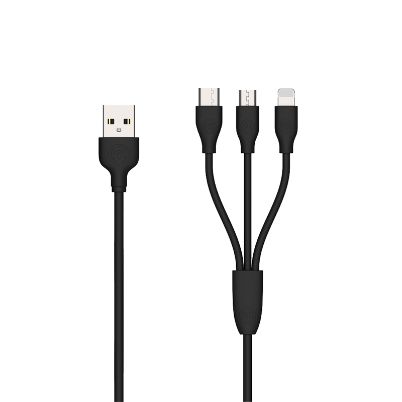 WK DESIGN完美三合一充电线 USB 安卓Micro/Apple/Type-C 三合一充电线 电源线 1米 黑色