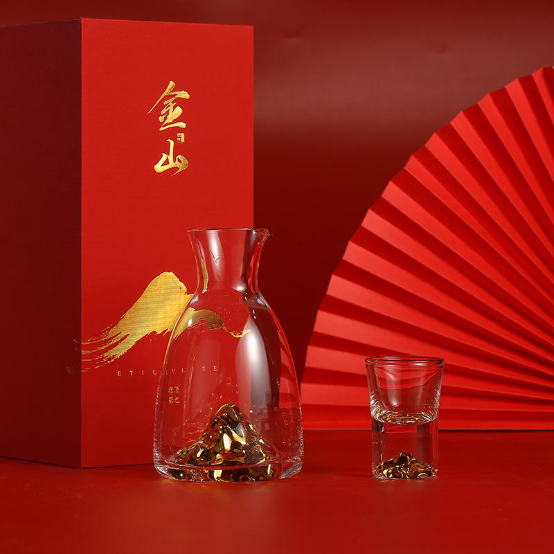 个杯堂 金山炫彩一壶一杯小酒壶酒杯套装白酒杯分酒壶烈酒杯K金描金整套无铅水晶玻璃金山酒具