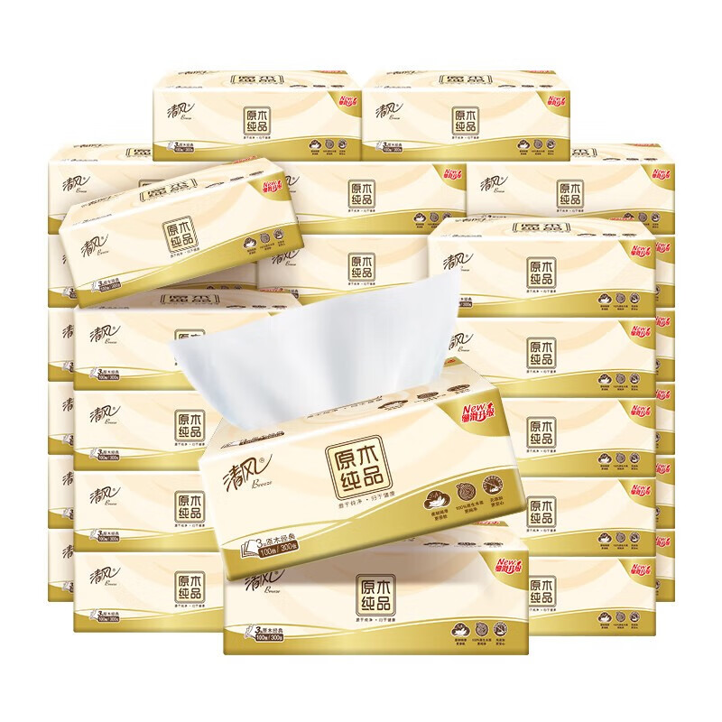 清风原木纯品系列亲肤抽纸24联包(箱装)100抽/包