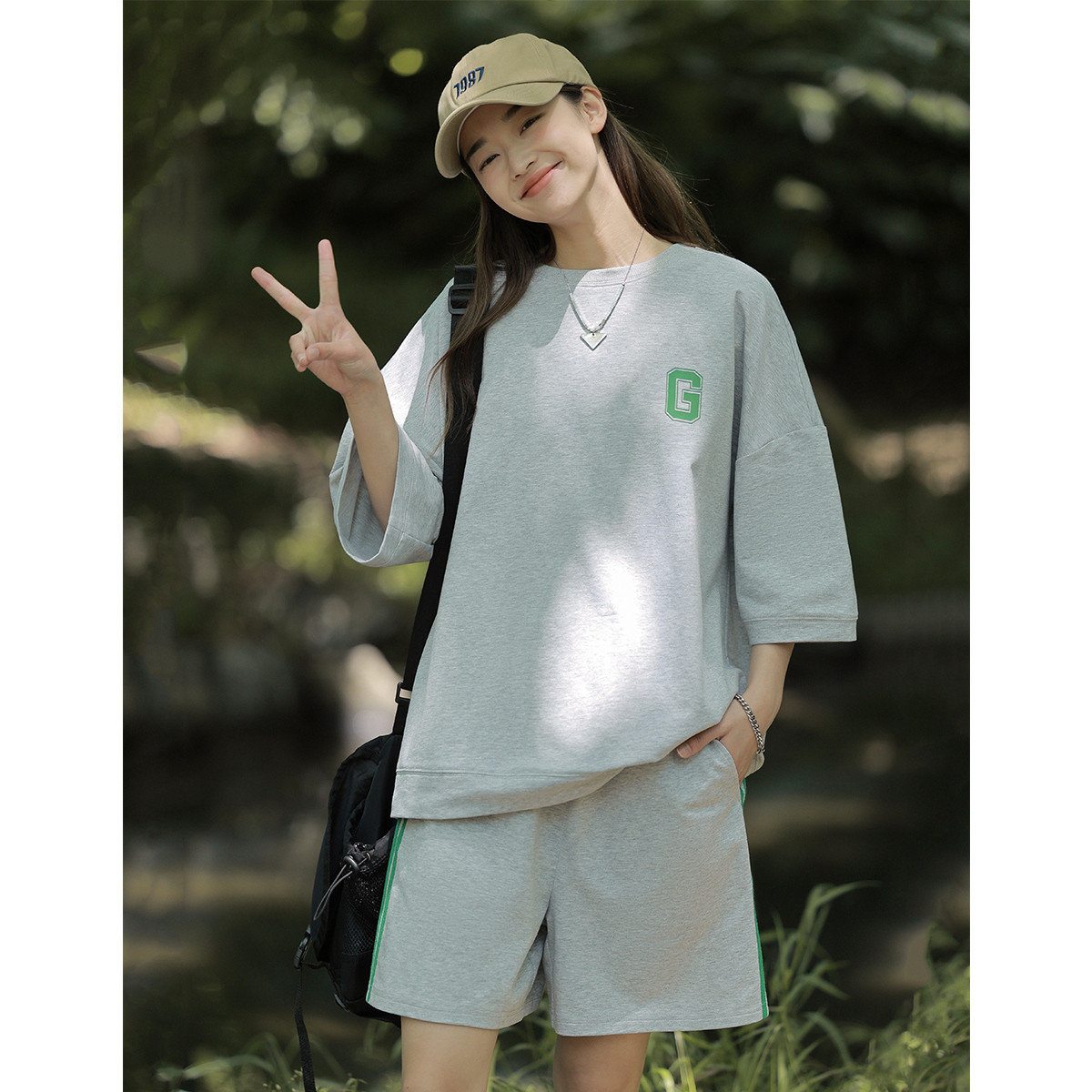 套装女夏季韩版休闲圆领前胸字母长袖T恤短裤两件套_15 S 中麻灰