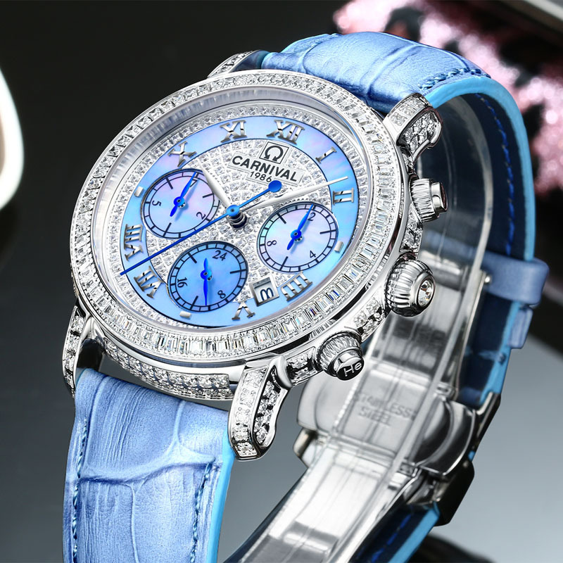 瑞士嘉年华Carnival进口机芯女士手表满天星全自动机械表 女镶钻牛皮表带休闲时尚女表防水真皮腕表8690高清大图