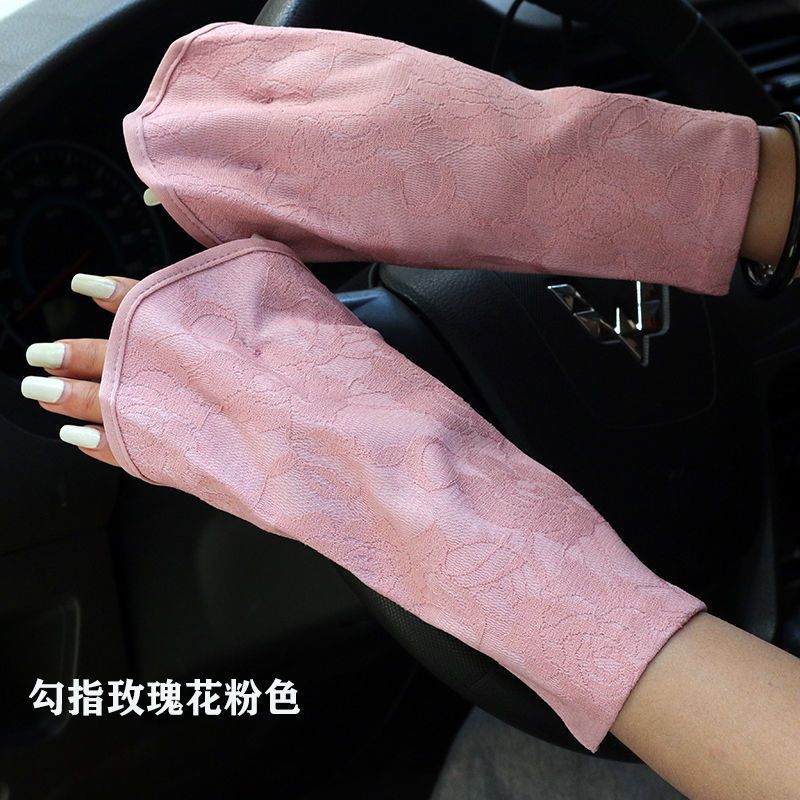 [48小时发货]夏季蕾丝漏指防晒手套女短款骑车户外防紫外线冰丝棉中长款袖套 勾指短款随机色