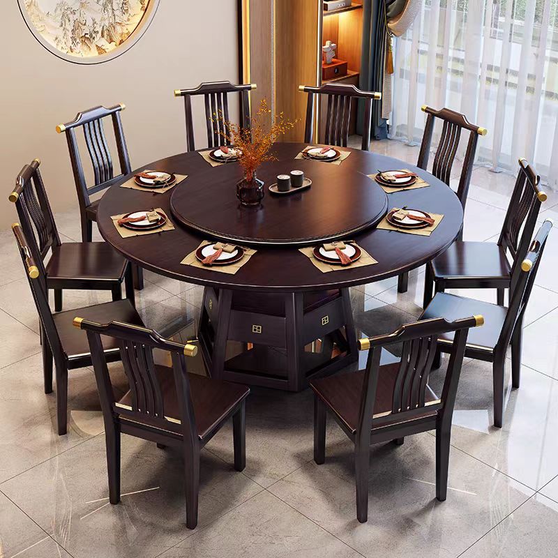 中式实木餐桌带转盘家用10人大圆桌子现代简约饭桌椅组合饭店圆桌高清大图