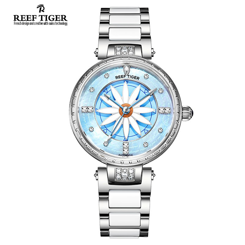 瑞夫泰格REEF RIGER正品手表进口机芯全自动机械表女表防水时尚陶瓷腕表个性旋转表盘百合夜光表RGA1599