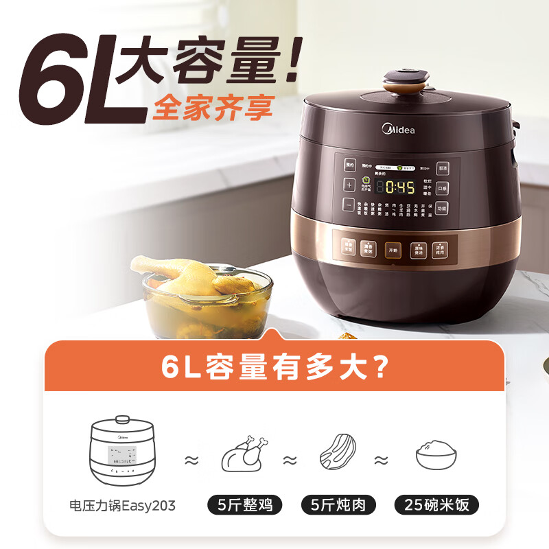 美的(Midea) MY-YL60Easy203 电压力锅 全自动智能预约电压力锅 6L大容量 家用双胆煲汤电饭煲高清大图