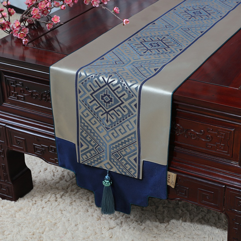 美帮汇新中式古典玉桌旗茶几长条布艺中国风桌布床柜旗电视柜盖布 简欧提花蓝 34*300适合桌长240-250CM