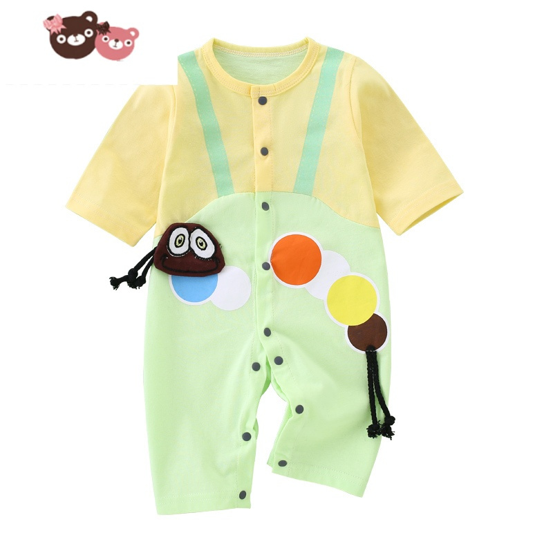 绿彩虹光新生儿连体衣夏季薄款宝宝衣服婴儿短袖哈衣超萌七分袖夏装潮