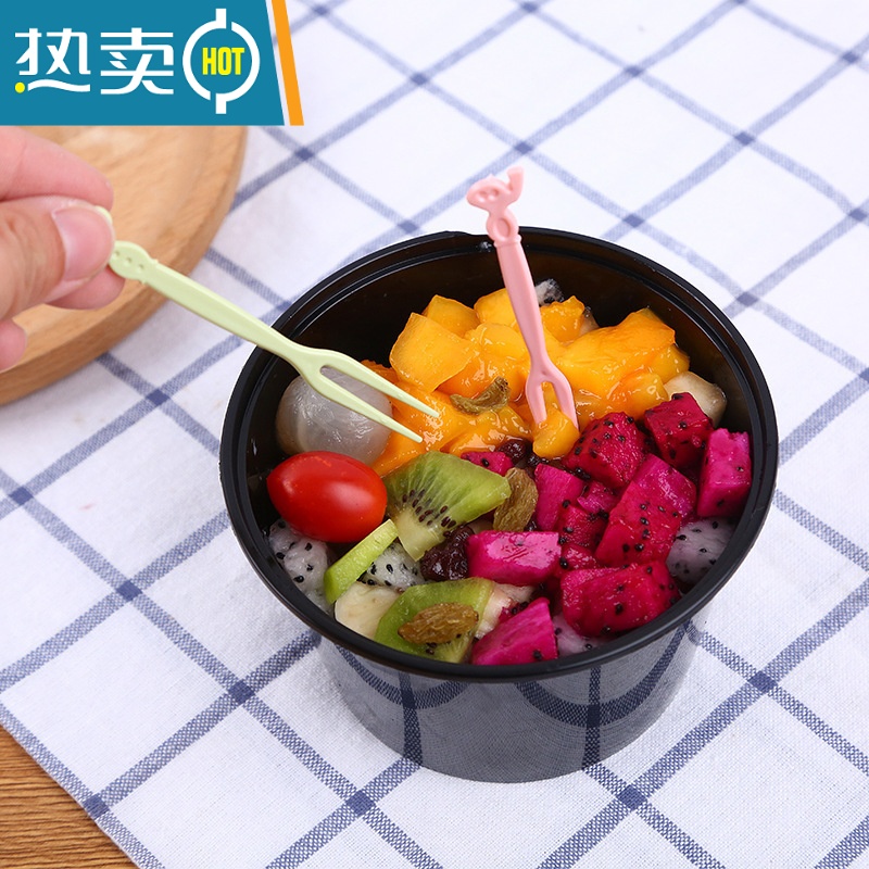 敬平50支盒装水果签塑料两齿吃水果蛋糕甜品叉点心小叉子 [3盒装]水果叉盒装绿色+蓝色+粉色150支高清大图