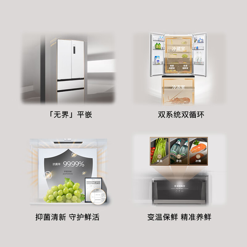 西门子[无界]平嵌 501L大容量法式多门 家用变频电冰箱 超薄平嵌 双系统双循环KF88E1220C