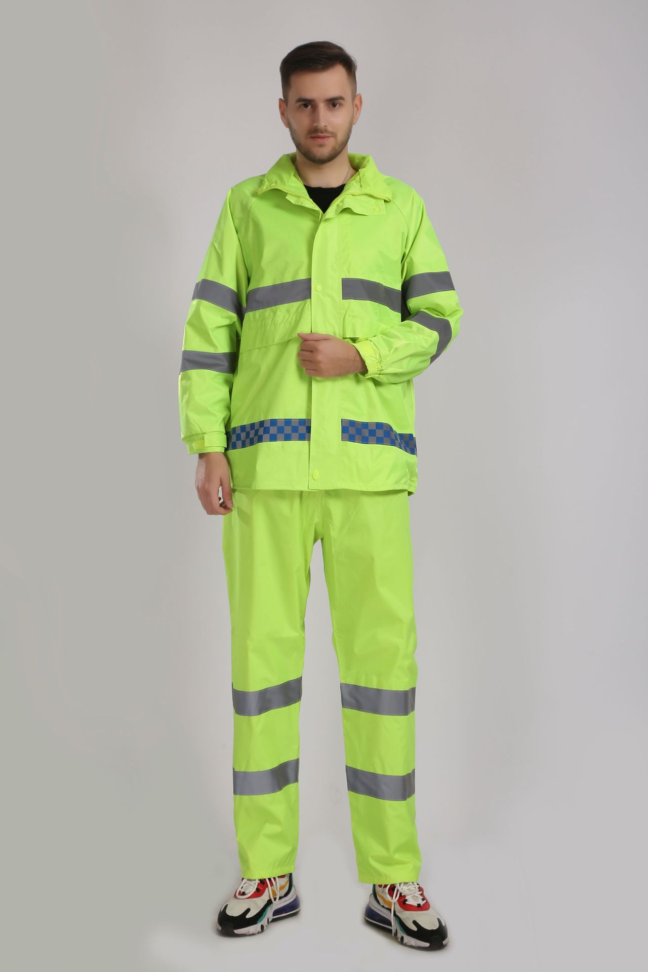 小窝厘 反光雨衣雨裤套装分体式雨衣 兰格绿 (M/L/XL/XXL)高清大图