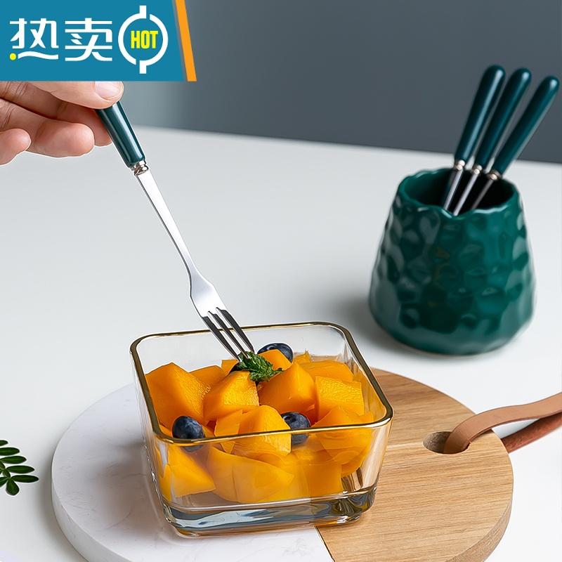 敬平创意不锈钢水果叉子北欧收纳罐网红点心叉甜品叉果签 樱花粉金色水果三齿叉高清大图