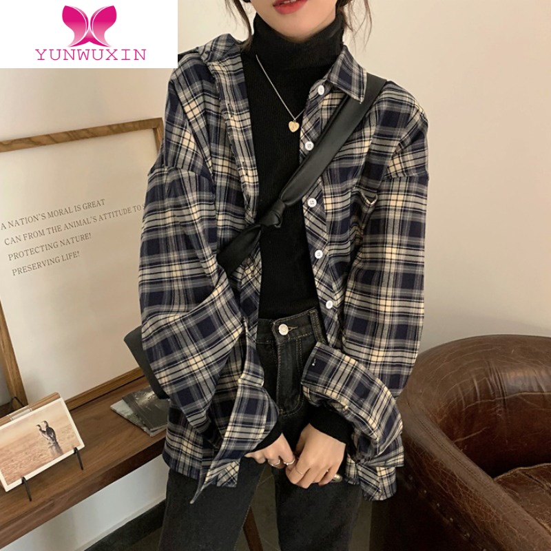 YUNWUXIN复古港味格子衬衫女早秋季上衣新款宽松bf慵懒风薄款长袖衬衣外套