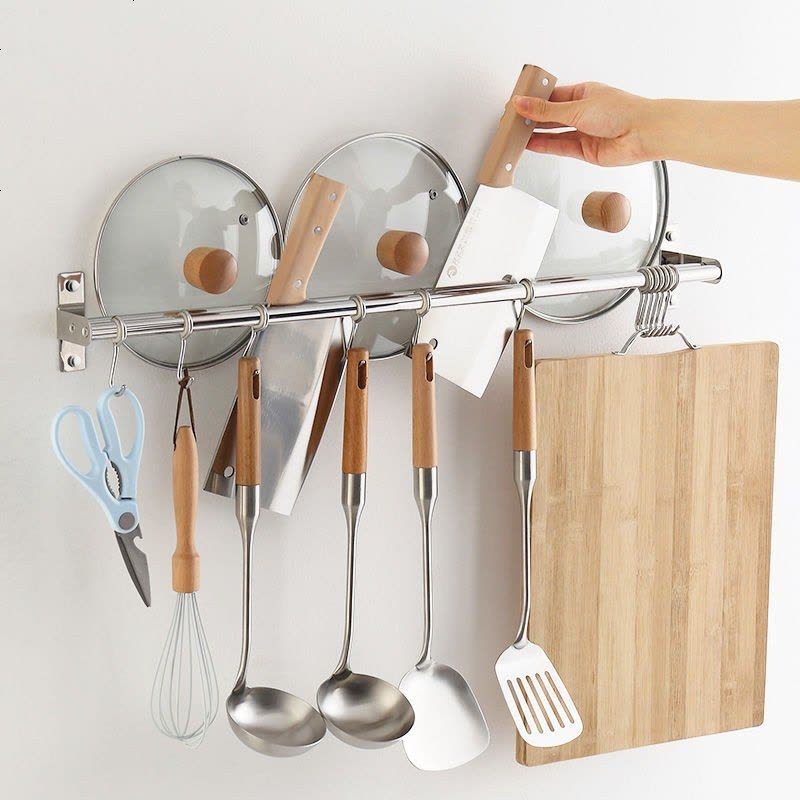 不锈钢厨房挂钩架免打孔挂杆挂钩式置物架刀架强力粘钩粘胶墙壁挂 304单杆[免打孔] 40厘米[带6挂钩图片