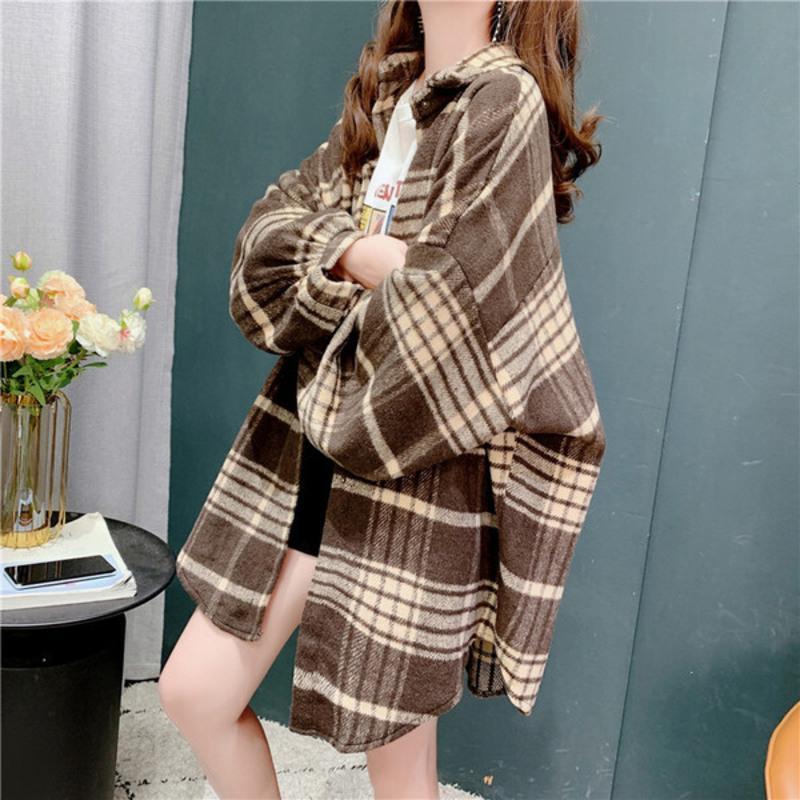 语娄中长款加厚格子衬衫外套女新款韩版宽松长袖复古气质毛呢衬衣