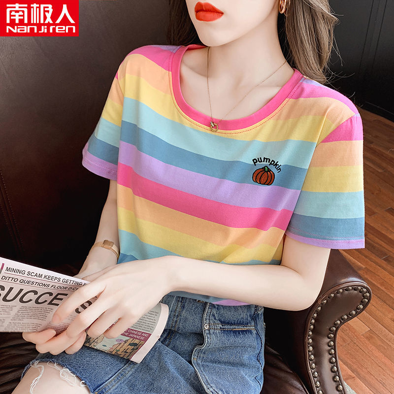 短袖女ins潮宽松彩虹条纹T恤新款刺绣圆领韩版上衣外穿高清大图