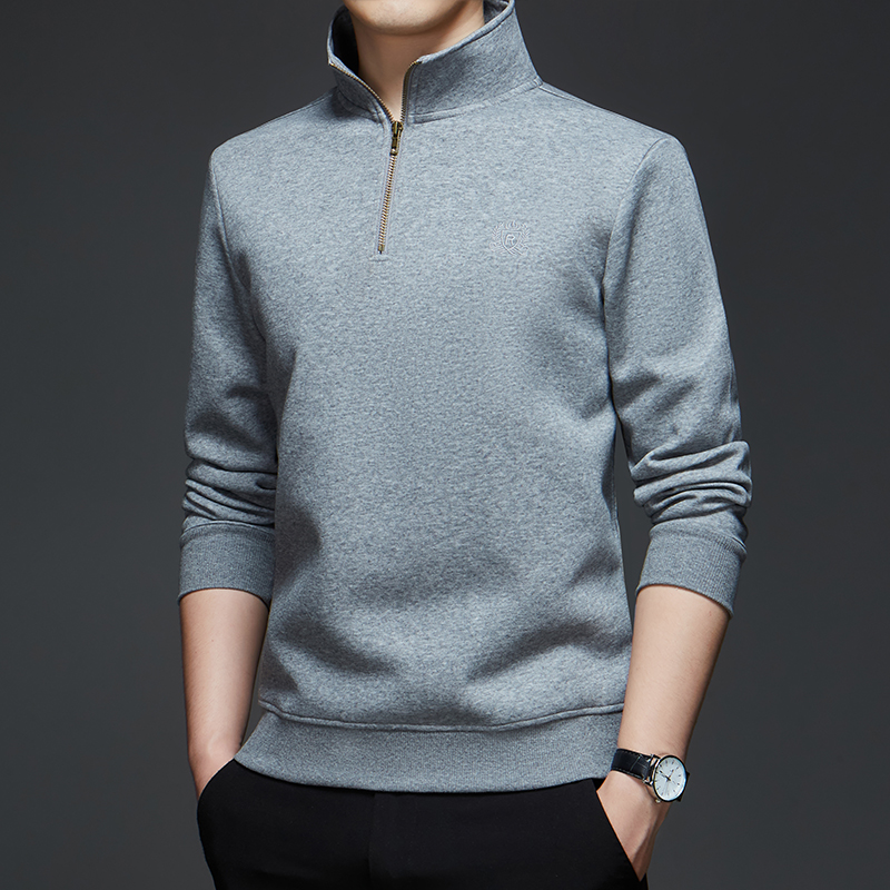 啄木鸟半拉炼纯棉休闲上衣男秋冬季新款宽松长袖上衣中年内搭打底衫衣高清大图