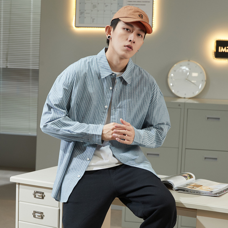唐狮春季条纹衬衫男长袖宽松外穿加厚个性竖条纹衬衣纯棉上衣