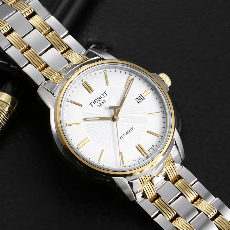 全国联保天梭tissot瑞士男表恒意系列间金钢带商务休闲自动机械表男款