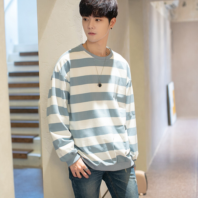 梵克公牛春装新款条纹圆领卫衣男bf宽松学生上衣服外套ulzzang小清新