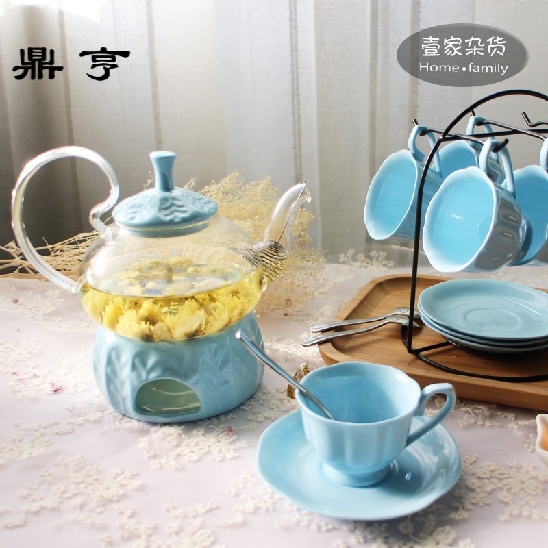 鼎亨花茶具套装可加热玻璃壶下午茶具带过滤保温底座花茶杯碟糖果