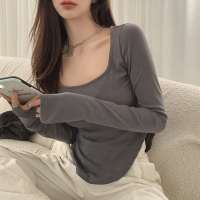 不规则开叉辣妹长袖T恤女2021春秋季韩版修身短款显瘦薄款打底衫 灰色 S