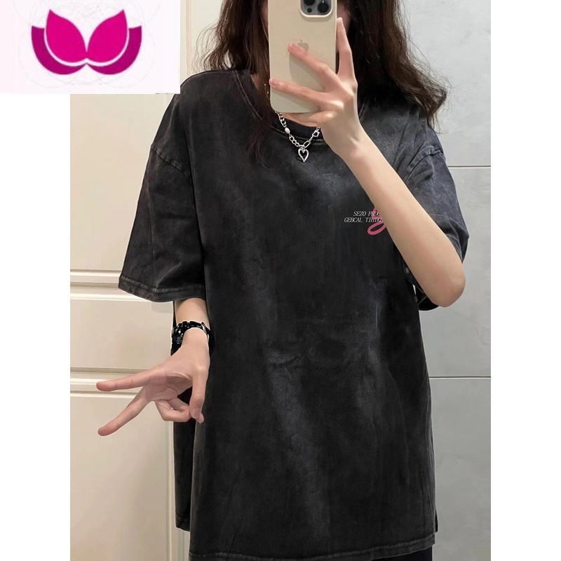 七斓美式复古水洗做旧短袖T恤女宽松oversize夏季港味chic潮牌上衣ins