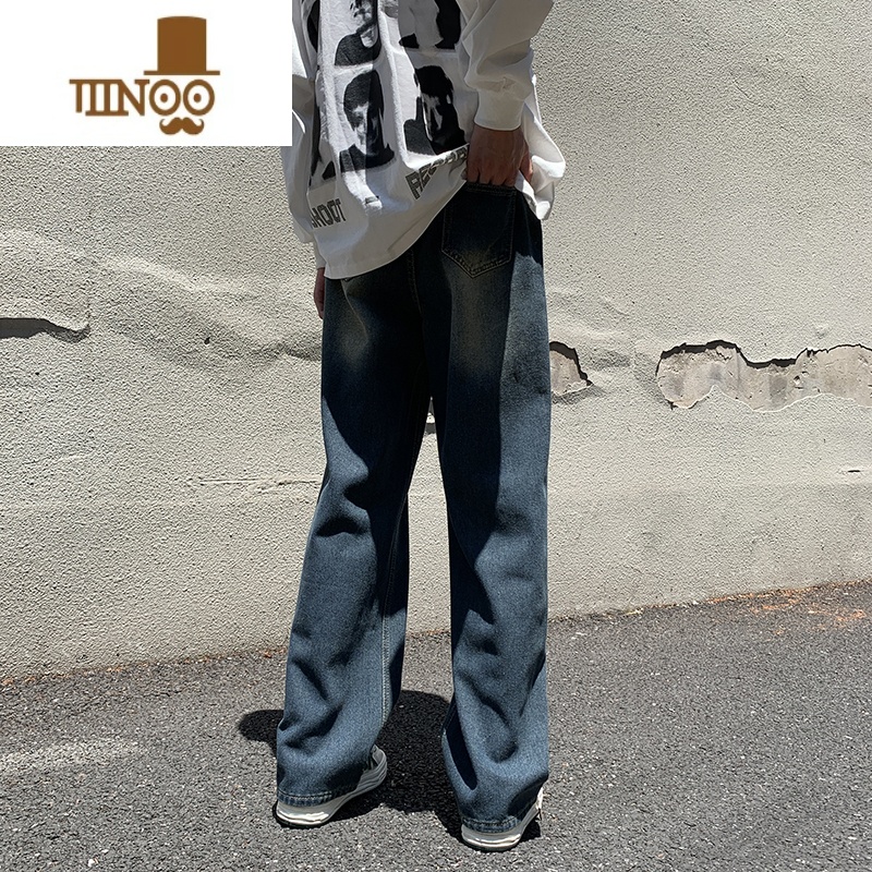YANXU牛仔裤男夏季美式复古宽松直筒阔腿长裤高街vibe水洗做旧拖地式做高清大图