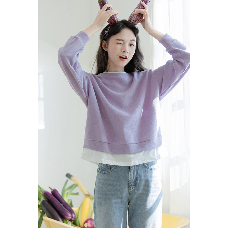 CACHE紫色卫衣女2022春季韩版宽松百搭学院风小个子日系纯色外穿